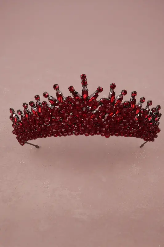 Beaded Rhinestone Embellished Crystal Rhinestone Bridal Henna Wedding Crown Burgundy-Burgundy - 4