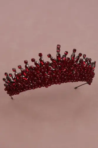 Beaded Rhinestone Embellished Crystal Rhinestone Bridal Henna Wedding Crown Burgundy-Burgundy - 5