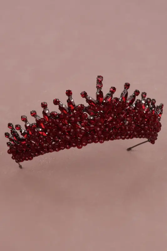 Beaded Rhinestone Embellished Crystal Rhinestone Bridal Henna Wedding Crown Burgundy-Burgundy - 5
