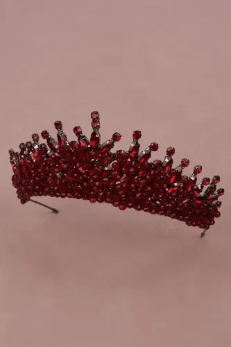 Beaded Rhinestone Embellished Crystal Rhinestone Bridal Henna Wedding Crown Burgundy-Burgundy - 6