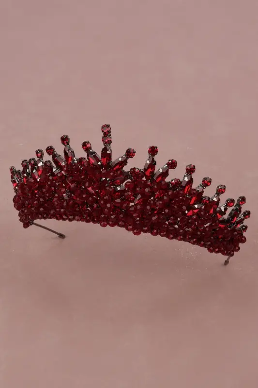 Beaded Rhinestone Embellished Crystal Rhinestone Bridal Henna Wedding Crown Burgundy-Burgundy - 6