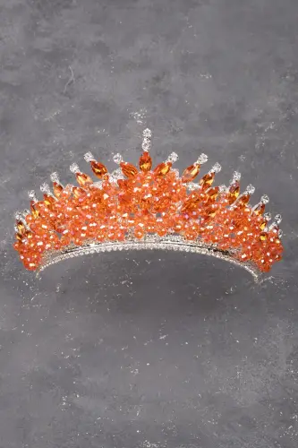 Beaded Rhinestone Embellished Crystal Rhinestone Bridal Henna Wedding Crown Orange-Orange 