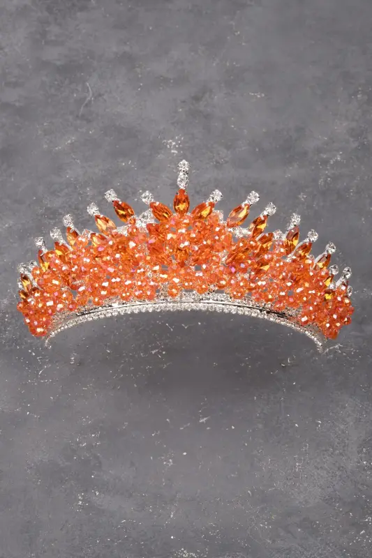 Beaded Rhinestone Embellished Crystal Rhinestone Bridal Henna Wedding Crown Orange-Orange - 1