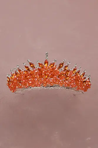 Beaded Rhinestone Embellished Crystal Rhinestone Bridal Henna Wedding Crown Orange-Orange - 3