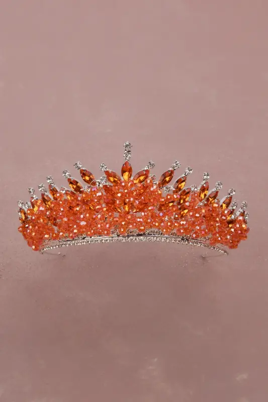 Beaded Rhinestone Embellished Crystal Rhinestone Bridal Henna Wedding Crown Orange-Orange - 3