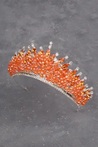 Beaded Rhinestone Embellished Crystal Rhinestone Bridal Henna Wedding Crown Orange-Orange - 5