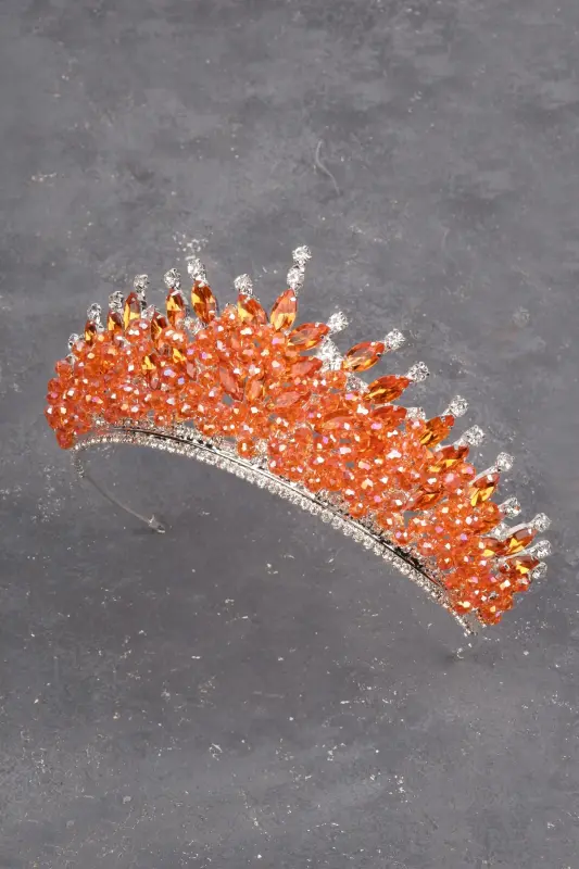 Beaded Rhinestone Embellished Crystal Rhinestone Bridal Henna Wedding Crown Orange-Orange - 5