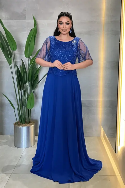 Beaded Top Chiffon Bottom Dress - ROYAL BLUE - BÜYÜKBEDENIZ