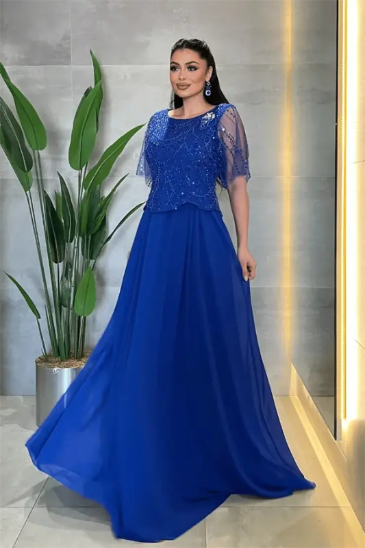 Beaded Top Chiffon Bottom Dress - ROYAL BLUE - 2