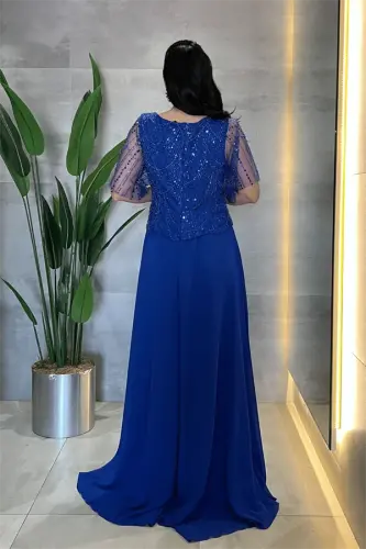 Beaded Top Chiffon Bottom Dress - ROYAL BLUE - 5