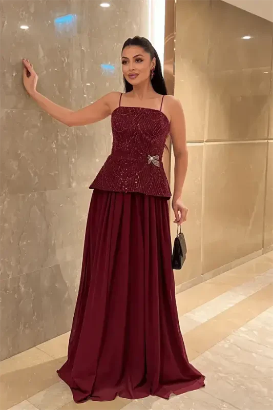 Beaded Top Fabric Chiffon Bottom Dress - BURGUNDY - BÜYÜKBEDENIZ