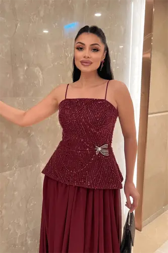 Beaded Top Fabric Chiffon Bottom Dress - BURGUNDY - 4