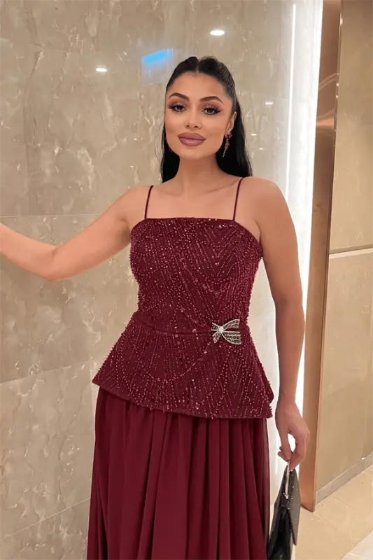 Beaded Top Fabric Chiffon Bottom Dress - BURGUNDY - 4