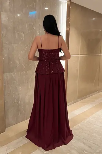 Beaded Top Fabric Chiffon Bottom Dress - BURGUNDY - 5
