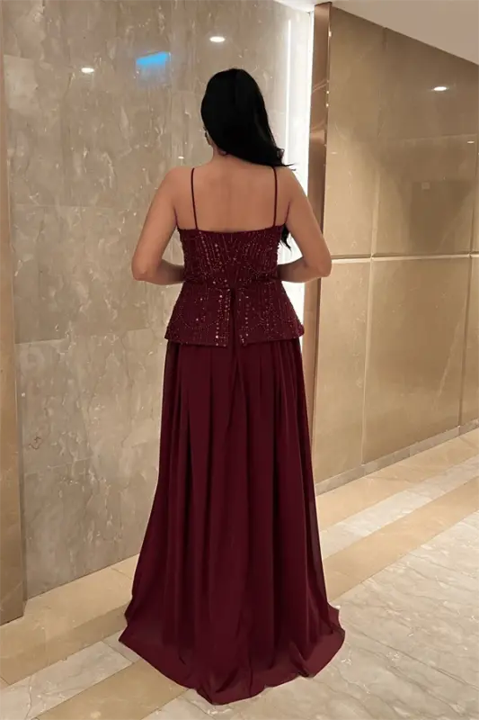 Beaded Top Fabric Chiffon Bottom Dress - BURGUNDY - 5