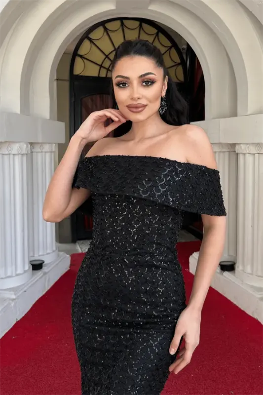 Beaded Tulle Fabric Strapless Pencil Dress - BLACK - 3