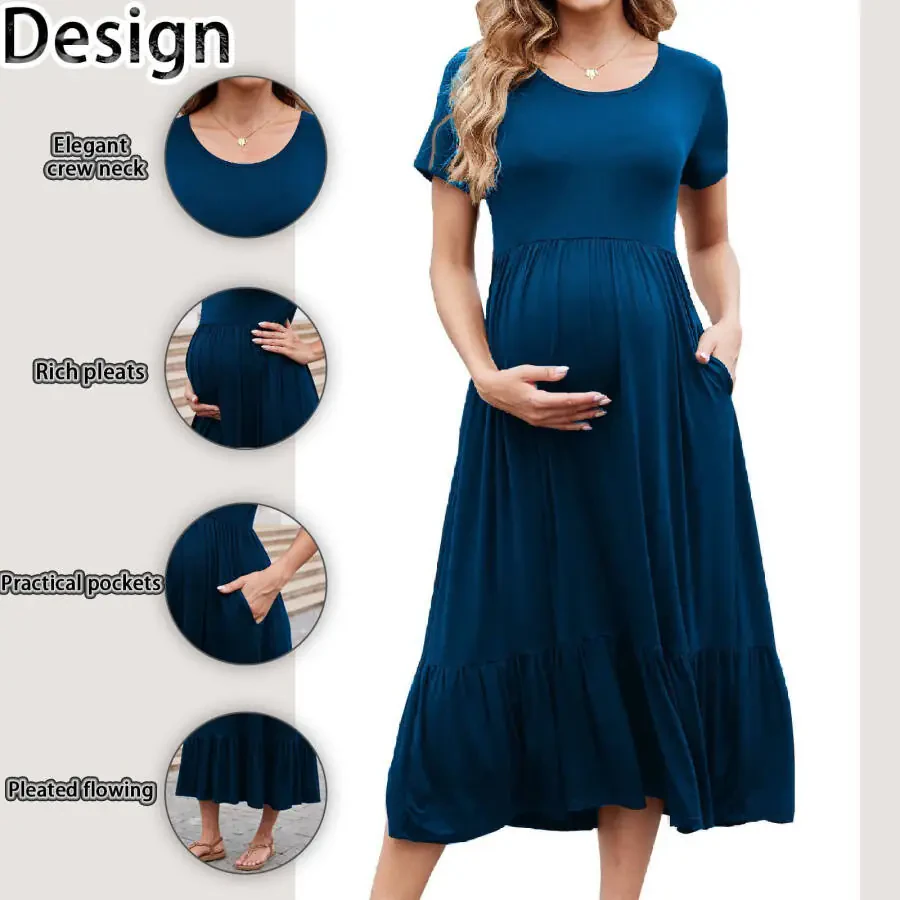 Beaisland Women’s Maternity Dress Short Sleeve Pleated Flowing Pregnancy Beach Dresses- - 2
