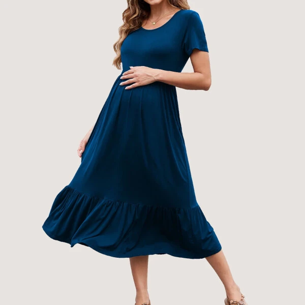 Beaisland Women’s Maternity Dress Short Sleeve Pleated Flowing Pregnancy Beach Dresses- - 4