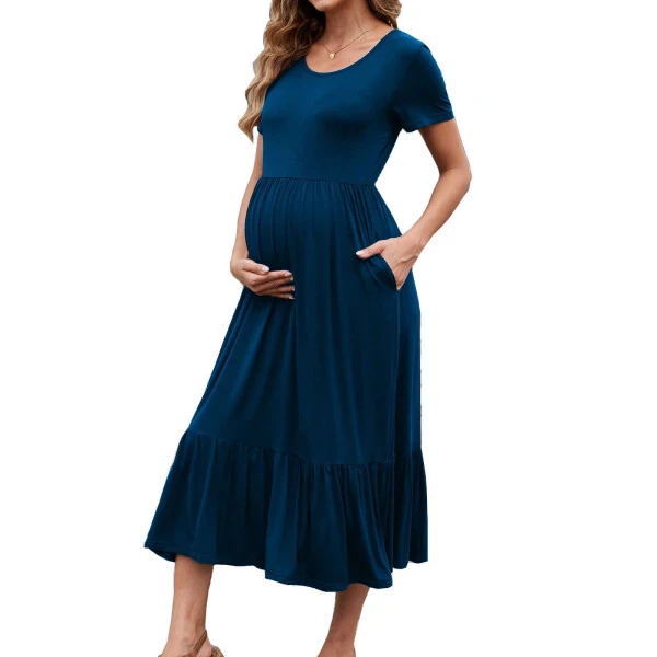 Beaisland Women’s Maternity Dress Short Sleeve Pleated Flowing Pregnancy Beach Dresses- - 5
