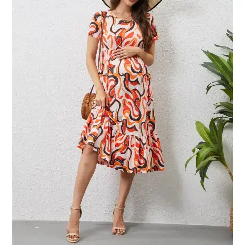Beaisland Women's Maternity Dress Short Sleeve Pleated Flowing Pregnancy Beach Dresses- - 4