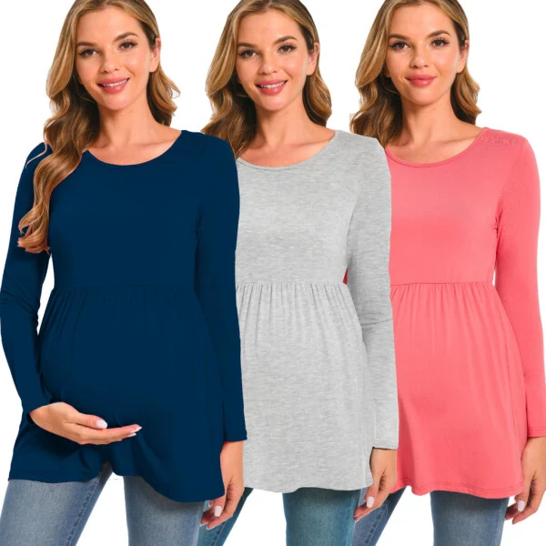 Beaisland Women's Long Sleeve Maternity Shirts Basic Casual Pregnancy Top 3-Pack - BEAISLAND