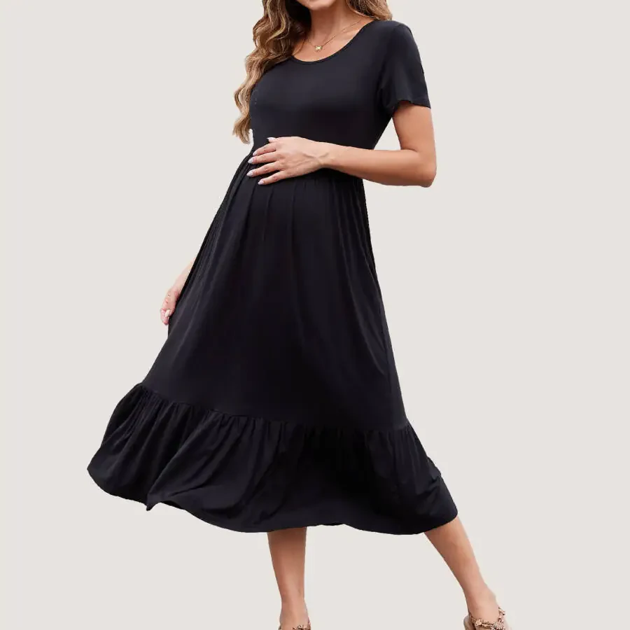 Beaisland Women’s Maternity Dress Short Sleeve Pleated Flowing Pregnancy Beach Dresses - 3