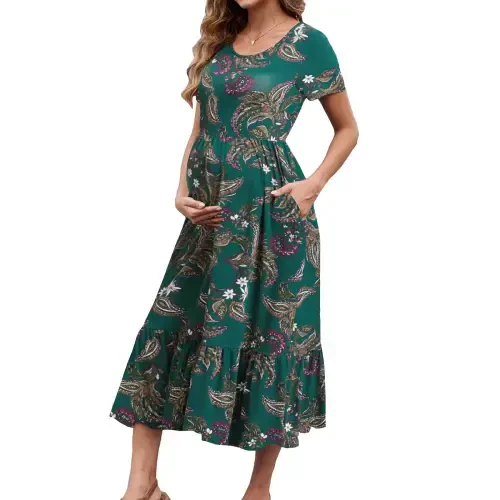 Beaisland Women's Maternity Dress Short Sleeve Pleated Flowing Pregnancy Beach Dresses - 3
