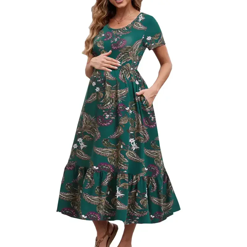 Beaisland Women's Maternity Dress Short Sleeve Pleated Flowing Pregnancy Beach Dresses - 5