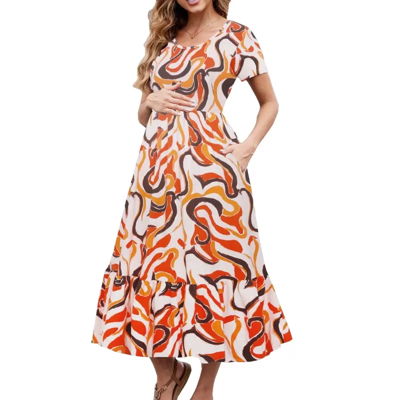Beaisland Women's Maternity Dress Short Sleeve Pleated Flowing Pregnancy Beach Dresses- - BEAISLAND