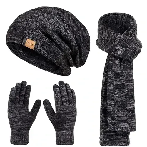 Beanie Hat Scarf Erkaklar va Ayollar uchun sensorli ekranli qo'lqoplar to'plami, Fleece bilan qoplangan issiq qishki shapka qo'lqoplari uzun bo'yin isitgich to'plami - Modazone (1)