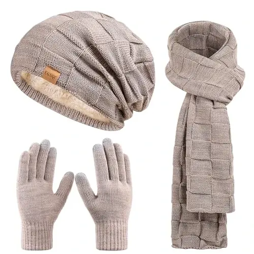 Beanie Hat Scarf Touchscreen Gloves Set for Men and Women, Fleece Lined Warm Winter Beanie Gloves Long Neck Warmer Set 