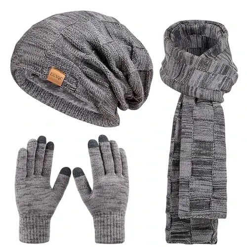 Beanie Hat Scarf Touchscreen Gloves Set for Men and Women, Fleece Lined Warm Winter Beanie Gloves Long Neck Warmer Set 