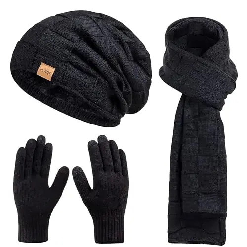 Beanie Hat Scarf Touchscreen Gloves Set for Men and Women, Fleece Lined Warm Winter Beanie Gloves Long Neck Warmer Set 