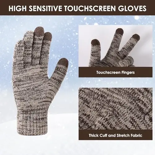 Beanie Hat Scarf Touchscreen Gloves Set for Men and Women, Fleece Lined Warm Winter Beanie Gloves Long Neck Warmer Set - 3