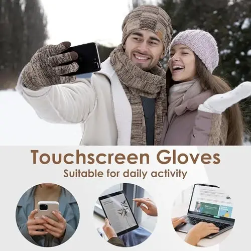 Beanie Hat Scarf Touchscreen Gloves Set for Men and Women, Fleece Lined Warm Winter Beanie Gloves Long Neck Warmer Set - 4