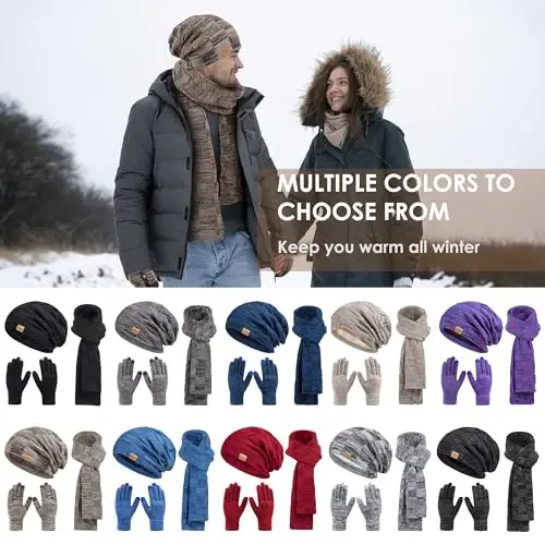 Beanie Hat Scarf Touchscreen Gloves Set for Men and Women, Fleece Lined Warm Winter Beanie Gloves Long Neck Warmer Set - 6