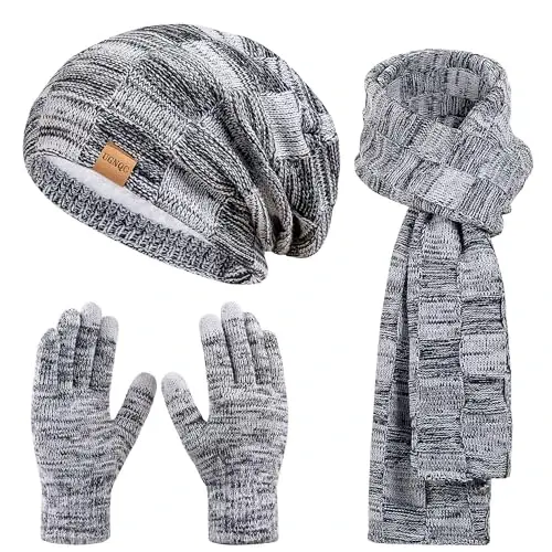 Beanie Hat Scarf Touchscreen Gloves Set for Men and Women, Fleece Lined Warm Winter Beanie Gloves Long Neck Warmer Set 