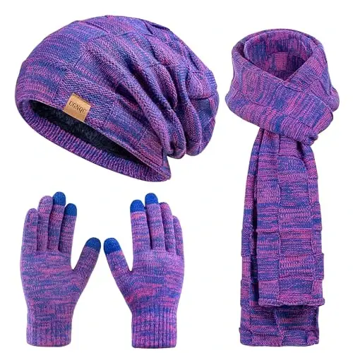 Beanie Hat Scarf Touchscreen Gloves Set for Men and Women, Fleece Lined Warm Winter Beanie Gloves Long Neck Warmer Set 