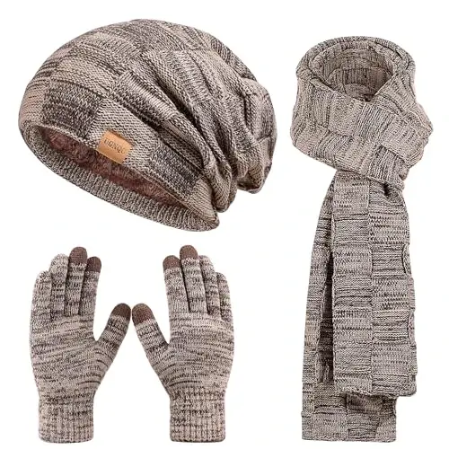 Beanie Hat Scarf Touchscreen Gloves Set for Men and Women, Fleece Lined Warm Winter Beanie Gloves Long Neck Warmer Set 