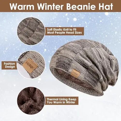 Beanie Hat Scarf Touchscreen Gloves Set for Men and Women, Fleece Lined Warm Winter Beanie Gloves Long Neck Warmer Set - Beanie (1)