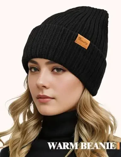 Beanie Hats for Men Women Fleece Winter Hat Chunky Knit Skull Stocking Caps for Guys Thermal Snow Hat Heated Cuffed Gift - 3