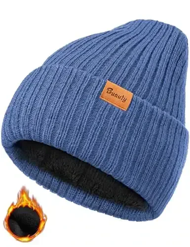 Beanie Hats for Men Women Fleece Winter Hat Chunky Knit Skull Stocking Caps for Guys Thermal Snow Hat Heated Cuffed Gift - Beanie