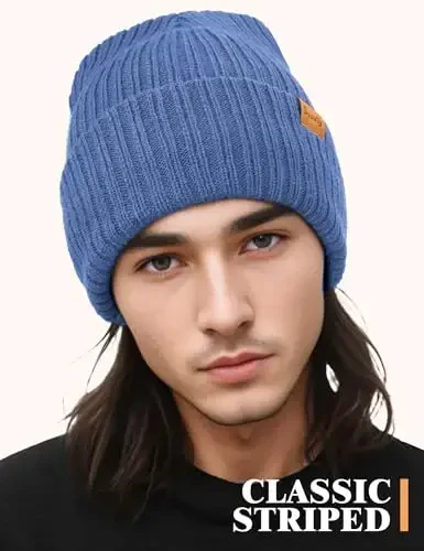 Beanie Hats for Men Women Fleece Winter Hat Chunky Knit Skull Stocking Caps for Guys Thermal Snow Hat Heated Cuffed Gift - Beanie (1)