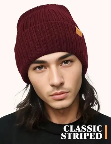 Beanie Hats for Men Women Fleece Winter Hat Chunky Knit Skull Stocking Caps for Guys Thermal Snow Hat Heated Cuffed Gift - BEANIE (1)