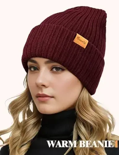 Beanie Hats for Men Women Fleece Winter Hat Chunky Knit Skull Stocking Caps for Guys Thermal Snow Hat Heated Cuffed Gift - 3