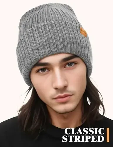 Beanie Hats for Men Women Fleece Winter Hat Chunky Knit Skull Stocking Caps for Guys Thermal Snow Hat Heated Cuffed Gift - Beanie (1)