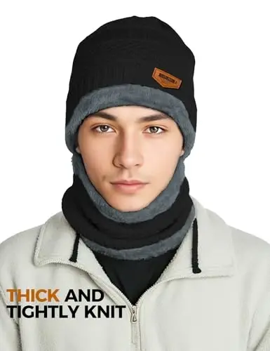 Beanie Hats for Men Women Neck Warmer Cold Weather Gear Men Gift Set for Winter Hat Neck Scarf Guys Face Mask Snow Suits - BEANIE (1)