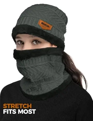 Beanie Hats for Men Women Neck Warmer Cold Weather Gear Men Gift Set for Winter Hat Neck Scarf Guys Face Mask Snow Suits - 3