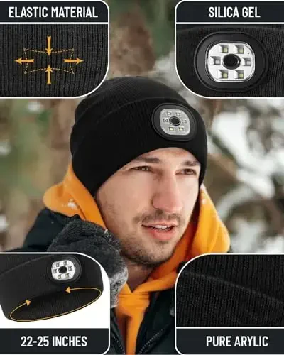 Beanie Headlamp - Unisex Winter Knit Cap Gifts for Men Dad Father with LED Hands Free USB Rechargeable Caps - 4
