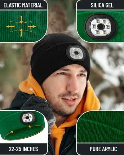 Beanie Headlamp - Unisex Winter Knit Cap Gifts for Men Dad Father with LED Hands Free USB Rechargeable Caps - 4
